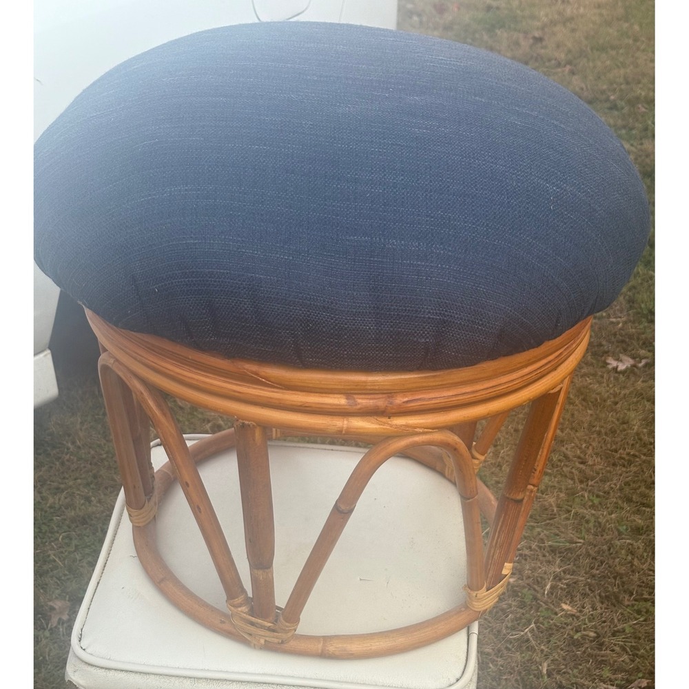 Vintage Rattan Vanity Stool Navy Blue Denim Cushion Bamboo Boho Accent Chair